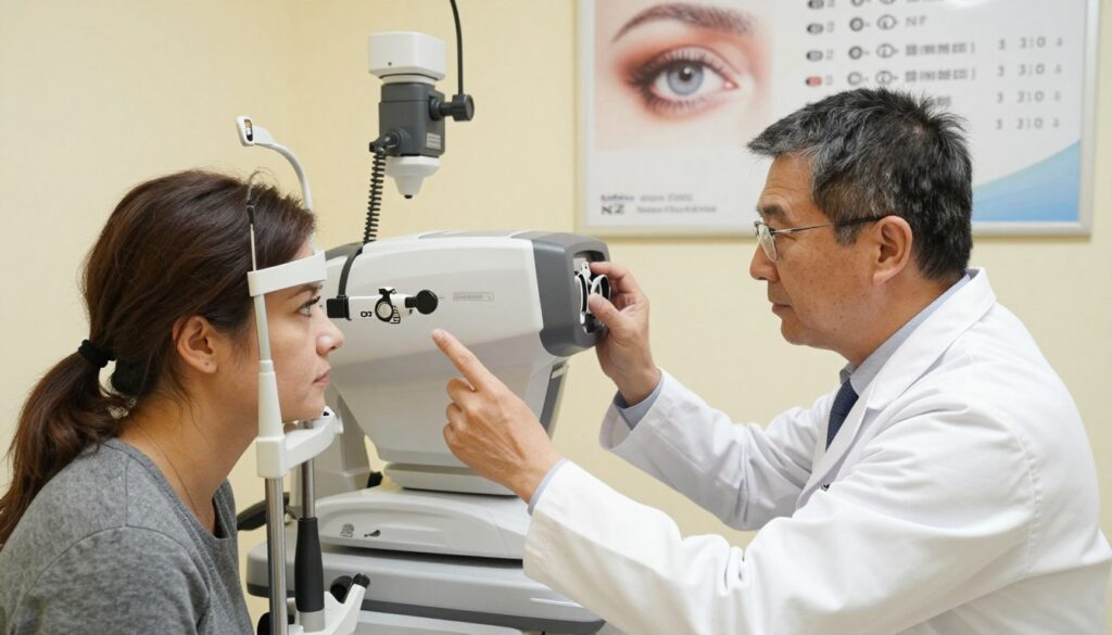 A professional eye examination room, brightly lit with soft, warm lighting. In the foreground, a middle-aged optometrist wearing a lab coat is carefully demonstrating an eye correction procedure to a patient, who is in modest casual clothing and looks attentive. In the middle ground, a modern eye testing machine and various vision correction tools are visible, reflecting a high-tech environment. The background features a large poster showcasing various eye correction methods, subtly hinting at their costs. The atmosphere is calm and informative, fostering a sense of trust and professionalism, emphasizing the topic of NFZ reimbursement for eye correction. The angle captures the interaction, highlighting both the optometrist and the patient. A professional eye examination room, brightly lit with soft, warm lighting. In the foreground, a middle-aged optometrist wearing a lab coat is carefully demonstrating an eye correction procedure to a patient, who is in modest casual clothing and looks attentive. In the middle ground, a modern eye testing machine and various vision correction tools are visible, reflecting a high-tech environment. The background features a large poster showcasing various eye correction methods, subtly hinting at their costs. The atmosphere is calm and informative, fostering a sense of trust and professionalism, emphasizing the topic of NFZ reimbursement for eye correction. The angle captures the interaction, highlighting both the optometrist and the patient.