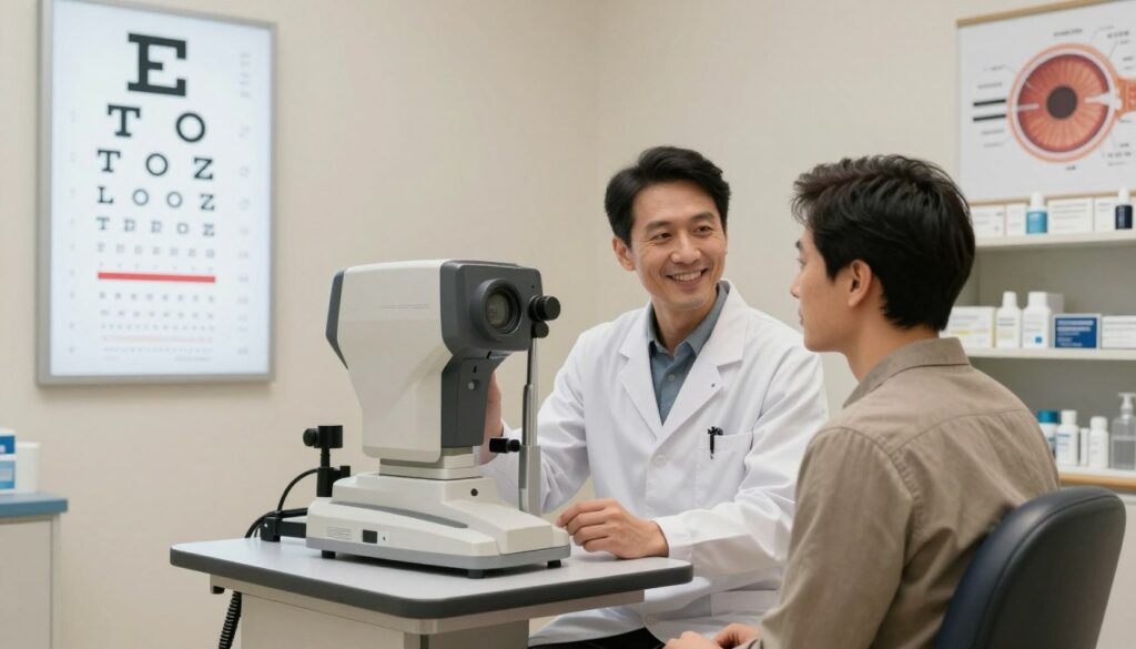 A professional eye examination setting, showcasing a detailed view of an eye chart on the wall. In the foreground, a patient sitting in a comfortable chair, wearing modest casual clothing, looks attentively at the chart. A friendly optometrist, dressed in a white lab coat, is using advanced eye examination equipment, positioned in the middle of the image, attentively guiding the patient. Soft, natural lighting illuminates the space, creating a warm and inviting atmosphere. In the background, shelves filled with eye care products and an anatomical diagram of the eye add depth, enhancing the informative context. The overall mood is professional yet approachable, emphasizing the importance of regular eye examinations and the signs that indicate when they are necessary.