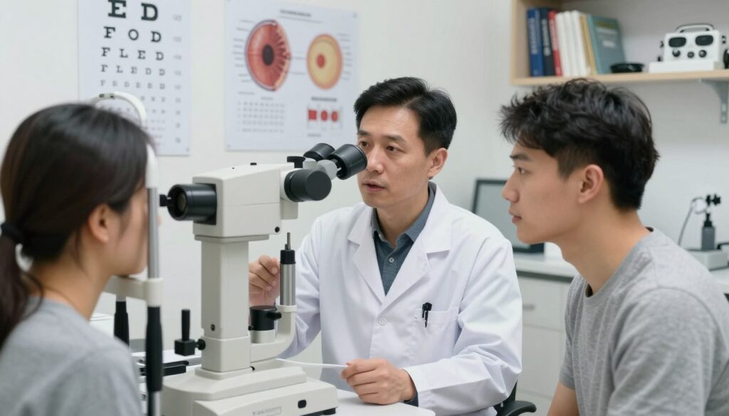 A professional medical examination room featuring an ophthalmologist and a patient in modest clothing, engaging in an eye examination. In the foreground, a modern slit lamp used for eye tests is prominently displayed, casting soft, clinical lighting. The middle ground showcases the doctor attentively explaining results to the patient, with anatomical eye charts and visual acuity test materials on the wall. The background includes blurred shelves with medical books and eye care equipment, enhancing the clinical atmosphere. The lighting is bright yet calming, creating a sense of trust and professionalism, emphasizing the serious nature of visual impairment assessments related to disability qualifications. A professional medical examination room featuring an ophthalmologist and a patient in modest clothing, engaging in an eye examination. In the foreground, a modern slit lamp used for eye tests is prominently displayed, casting soft, clinical lighting. The middle ground showcases the doctor attentively explaining results to the patient, with anatomical eye charts and visual acuity test materials on the wall. The background includes blurred shelves with medical books and eye care equipment, enhancing the clinical atmosphere. The lighting is bright yet calming, creating a sense of trust and professionalism, emphasizing the serious nature of visual impairment assessments related to disability qualifications.