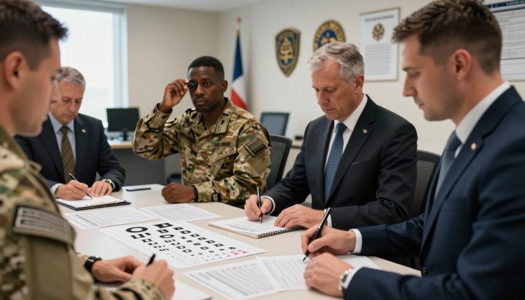 A professional military assessment setting, focused on evaluating the categories of military fitness: A, B, D, and E. In the foreground, a group of diverse, serious-looking military officials in business attire are examining a range of visual acuity tests and medical reports spread across a large table. In the middle ground, a military officer is demonstrating a visual field test, while another is attentively taking notes. The background features a well-lit office space with military insignias on the walls, perhaps a flag or a poster depicting military service. Soft, natural lighting filters through windows, creating a focused, serious atmosphere that emphasizes the importance of the evaluation process. The composition should include an engaging angle that highlights the interaction among the officials. A professional military assessment setting, focused on evaluating the categories of military fitness: A, B, D, and E. In the foreground, a group of diverse, serious-looking military officials in business attire are examining a range of visual acuity tests and medical reports spread across a large table. In the middle ground, a military officer is demonstrating a visual field test, while another is attentively taking notes. The background features a well-lit office space with military insignias on the walls, perhaps a flag or a poster depicting military service. Soft, natural lighting filters through windows, creating a focused, serious atmosphere that emphasizes the importance of the evaluation process. The composition should include an engaging angle that highlights the interaction among the officials.