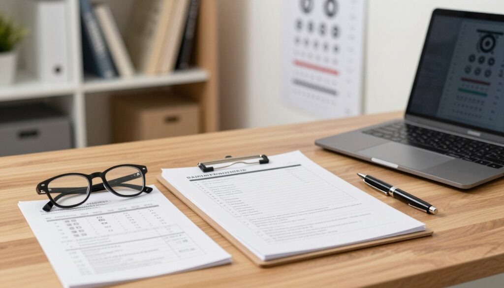 A professional office setting with a wooden desk in the foreground, displaying neatly organized paperwork related to eye health documentation. Include a pair of eyeglasses, an ophthalmology report, and a pen placed next to a laptop. In the middle, feature a clipboard with checklists and forms pertaining to vision impairment assessments. The background should show a softly lit office space with shelves containing medical books and framed eye charts. Use warm, natural lighting to create a welcoming atmosphere, evoking a sense of professionalism and care. The angle should be slightly elevated, providing a comprehensive view of the workspace without any people present. The overall mood should convey diligence and attention to detail in the process of compiling health documentation for vision-related matters.