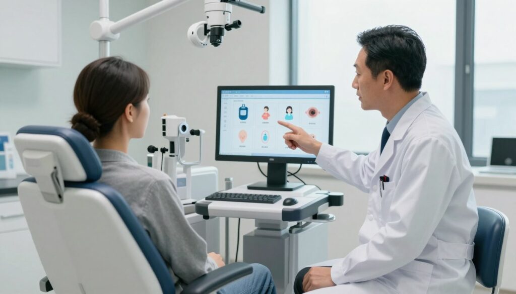 A professional ophthalmologist in a modern clinic discussing common contraindications for vision correction procedures. In the foreground, the doctor, dressed in a white lab coat and professional attire, is pointing at a digital screen displaying icons of health concerns like diabetes, pregnancy, and certain eye conditions. In the middle ground, a patient attentively listens while seated in a comfortable reclined chair. The background features sleek medical equipment and a large window letting in soft, natural light, creating a calm, informative atmosphere. The scene is well-lit, emphasizing the professionalism of the environment. Shot from a slight angle, capturing both the doctor and patient, evoking a sense of trust and clarity in discussing important health information.