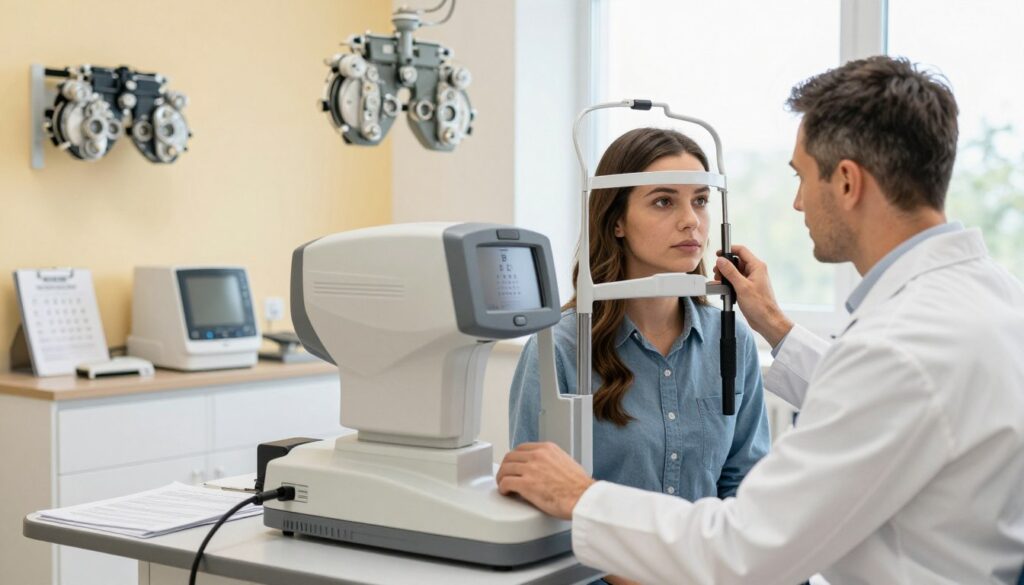 A professional optometrist wearing a lab coat examines a male and female driver in a modern eye clinic. The male subject is undergoing a vision test using a Snellen chart while the female subject is having her peripheral vision assessed. The foreground features the optometrist interacting with a high-tech vision testing machine. In the middle ground, a bright and well-organized examination room is visible, with medical documents and eye care equipment neatly arranged. The background showcases the clinic's warm color scheme with natural light streaming through large windows, creating an inviting atmosphere. The overall mood is one of professionalism and care, highlighting the importance of visual requirements for driving in Poland.