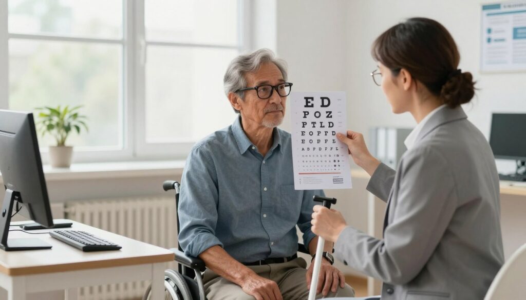 A professional setting for an assessment of visual impairment, featuring a compassionate clinician in smart business attire examining a middle-aged patient with visual aids, like glasses and a white cane. The foreground shows the clinician holding a vision chart, while the patient looks attentively at it, conveying a serious yet hopeful expression. The middle ground includes a bright, well-organized office with medical equipment and supportive materials related to disability assessment. In the background, soft natural light filters through a large window, creating a warm and inviting atmosphere. The scene emphasizes the importance of evaluating visual impairment for disability eligibility in Poland, while maintaining a focus on professionalism and empathy. A professional setting for an assessment of visual impairment, featuring a compassionate clinician in smart business attire examining a middle-aged patient with visual aids, like glasses and a white cane. The foreground shows the clinician holding a vision chart, while the patient looks attentively at it, conveying a serious yet hopeful expression. The middle ground includes a bright, well-organized office with medical equipment and supportive materials related to disability assessment. In the background, soft natural light filters through a large window, creating a warm and inviting atmosphere. The scene emphasizes the importance of evaluating visual impairment for disability eligibility in Poland, while maintaining a focus on professionalism and empathy.
