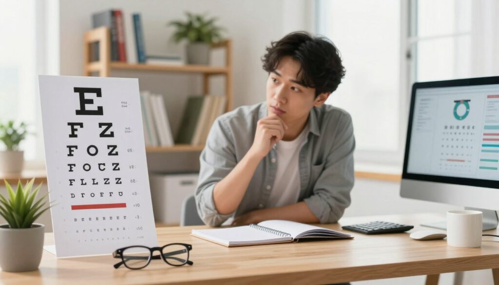 A professional workspace featuring a well-organized desk with an eye chart prominently displayed in the foreground. On the desk, there are tools like glasses, a notepad, and a computer showing a health app focused on eye care. In the middle ground, a person in smart casual attire is leaning slightly forward, examining the eye chart with a thoughtful expression, as if considering their vision health. Bright, soft natural light filters through a nearby window, creating a warm and welcoming atmosphere. In the background, shelves filled with health-related books and a potted plant add to the sense of a calm and informative environment. The overall mood is proactive and encouraging, motivating viewers to take immediate steps for their eye care.