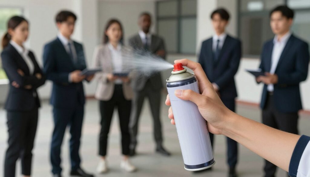 A responsible use of pepper spray illustrated in a safety-conscious setting. In the foreground, a pair of hands holding a canister of pepper spray, demonstrating proper grip and stance. The middle ground features a diverse group of professionally dressed individuals in a training scenario, practicing safety techniques and discussing the responsible use of pepper spray. Soft, natural lighting illuminates the scene, creating a calm, educational atmosphere. The background consists of a subtle urban environment, suggesting practical application. The overall mood is serious yet informative, encouraging viewers to reflect on the importance of safety and responsibility when handling pepper spray.