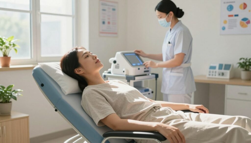 A serene and calm recovery room setting, featuring a patient in modest casual clothing resting comfortably in a reclining chair. The scene captures a bright, softly lit atmosphere with natural sunlight streaming through a window, illuminating the patient's face, which shows a gentle expression of relief. In the background, a nurse in professional attire attentively checks on medical equipment, portraying a sense of care and reassurance. Small, comforting elements like potted plants and motivational posters adorn the walls, enhancing the feeling of a positive healing environment. The image should convey a sense of tranquility and hope, emphasizing the healing process after laser eye surgery, focused on the patient's comfort and recovery journey.