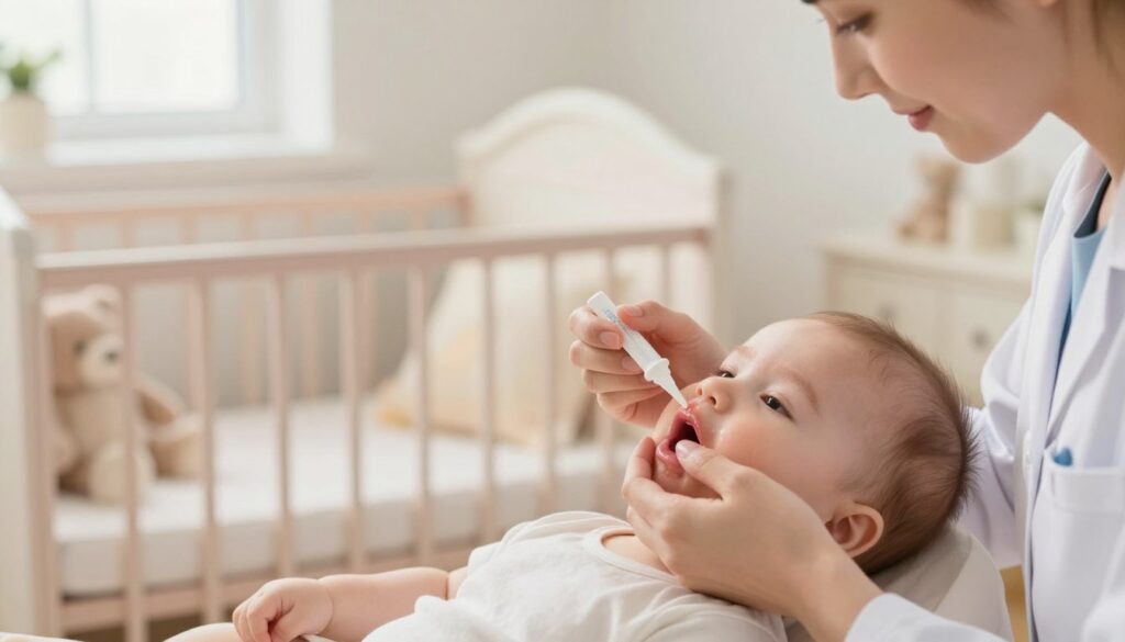 A serene and caring scene in a softly lit nursery, illustrating a gentle, well-dressed caregiver applying a topical treatment for oral thrush on a baby’s gums. The foreground showcases the caregiver's hands delicately holding a small applicator, with a focus on the baby's mouth showing signs of thrush in a safe, non-explicit manner. In the middle, a soft pastel-colored crib filled with plush toys creates a comforting atmosphere. In the background, warm natural light filters through a window, enhancing the calming ambiance. The intention is to evoke a sense of care and attention, emphasizing the tenderness and professionalism in treating the baby's condition.