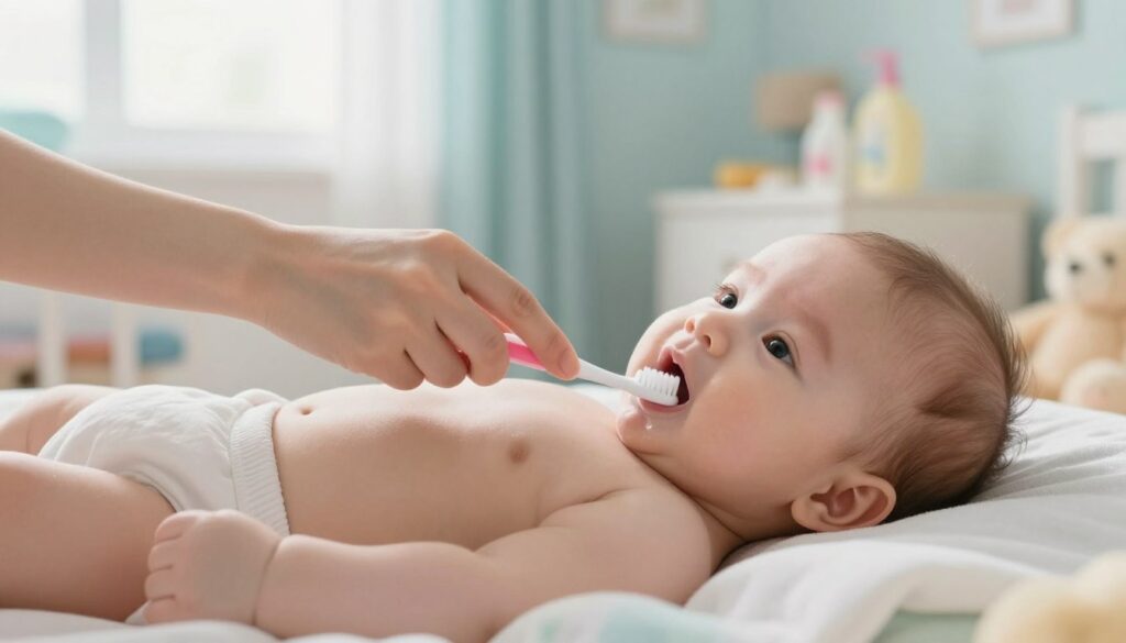 A serene and informative scene depicting safe oral hygiene for an infant. In the foreground, a gentle hand of a caregiver, wearing a light-colored, modest outfit, holds a soft toothbrush designed for babies, demonstrating the process of brushing infant gums. In the middle, an adorable baby with wide eyes and a peaceful expression, laying on a clean, pastel-colored blanket, shows a hint of white spots on their gums, indicating the article's topic without being alarming. The background features soft, natural lighting streaming through a window, illuminating a tidy nursery with pastel-colored walls, plush toys, and a small shelf with baby care products. The overall mood is calm, nurturing, and educative, aimed at reassuring parents about infant oral care practices.