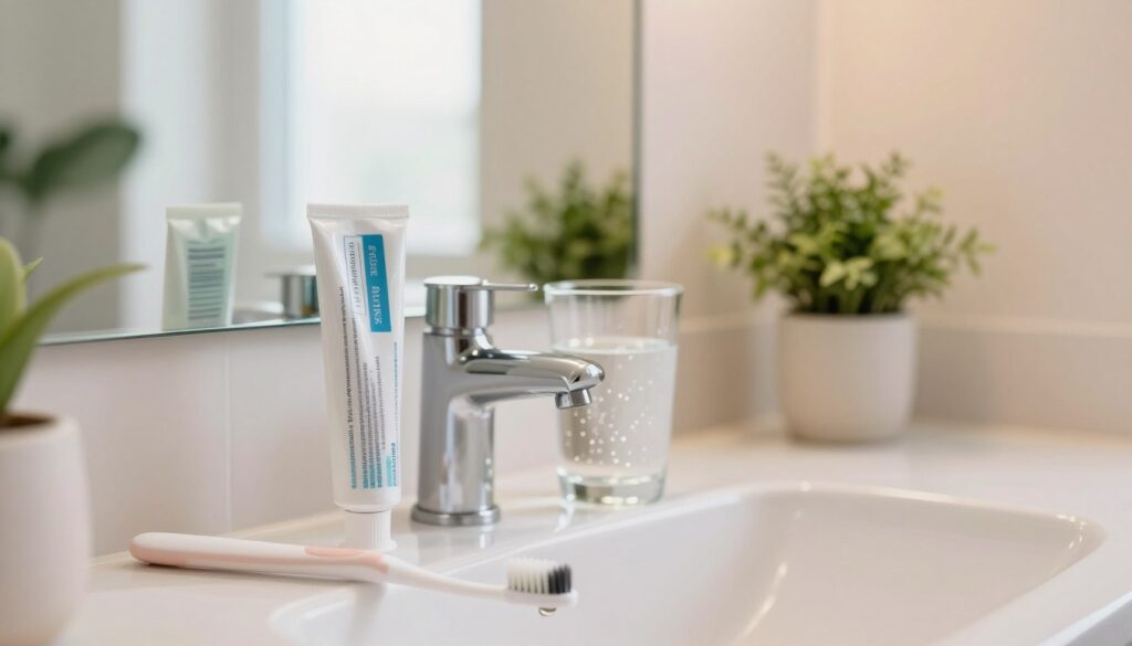 A serene bathroom setting illuminated by soft natural light, emphasizing the importance of oral hygiene. In the foreground, a stylish toothbrush and a tube of toothpaste sit beside a sparkling glass of water on a pristine bathroom sink. The middle ground features a mirror reflecting the setup, creating depth. There are hints of lush green plants on the windowsill, conveying freshness and wellness. In the background, a soothing pastel-colored wall adds warmth to the scene. The composition promotes a calming and hygienic atmosphere, highlighting the essence of step-by-step oral care. The image should be inviting yet professional, making it suitable for an article about safe home remedies during pregnancy. A serene bathroom setting illuminated by soft natural light, emphasizing the importance of oral hygiene. In the foreground, a stylish toothbrush and a tube of toothpaste sit beside a sparkling glass of water on a pristine bathroom sink. The middle ground features a mirror reflecting the setup, creating depth. There are hints of lush green plants on the windowsill, conveying freshness and wellness. In the background, a soothing pastel-colored wall adds warmth to the scene. The composition promotes a calming and hygienic atmosphere, highlighting the essence of step-by-step oral care. The image should be inviting yet professional, making it suitable for an article about safe home remedies during pregnancy.