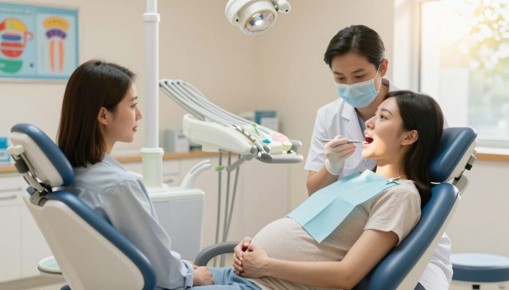 A serene dental clinic setting focusing on the safe treatment of gum inflammation during pregnancy. In the foreground, a pregnant woman in modest casual clothing, sitting comfortably in a dental chair, listens attentively to a dentist wearing professional attire. The dentist gently examines her gums using proper dental tools, emphasizing a caring interaction. In the middle ground, the dental office is well-lit with warm lighting, featuring modern equipment and colorful dental charts on the walls. The background showcases a peaceful atmosphere with soft colors, conveying a calm and reassuring mood. Sunlight filters through a window, creating a welcoming environment that promotes health and safety during pregnancy.