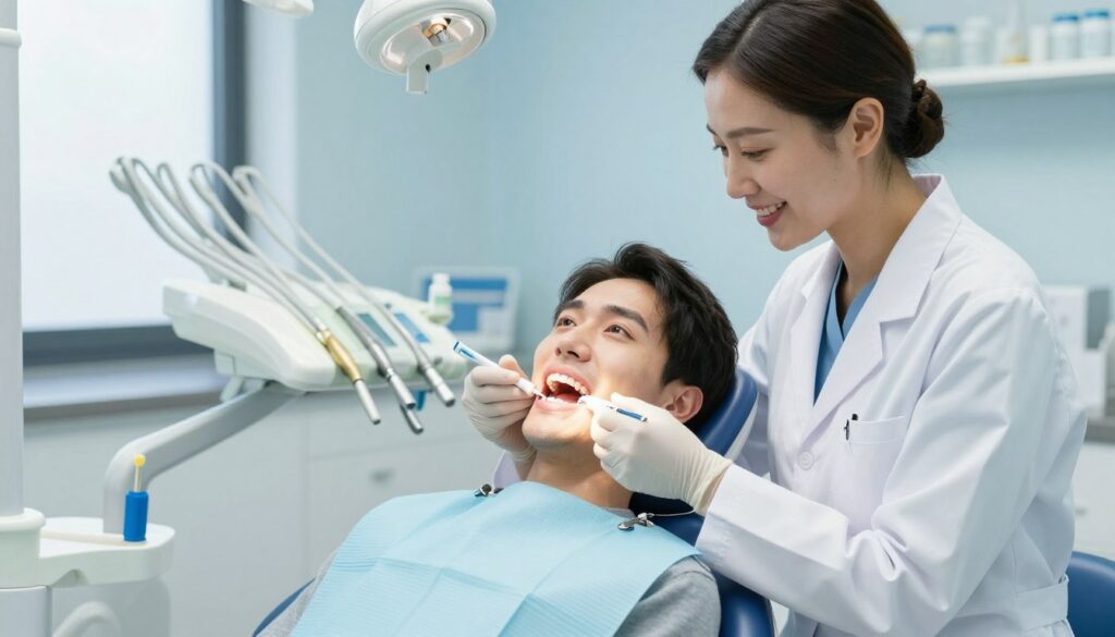 A serene dental clinic setting with a bright, inviting atmosphere. In the foreground, a smiling dental professional in a white coat examines a patient's gums, demonstrating proper oral care techniques to prevent gum irritation. The patient sits comfortably in a modern dental chair, holding a whitening product, looking attentive and engaged. The background features dental equipment and calming blue tones, with natural light streaming through a window, creating a warm and welcoming feel. The overall mood is informative and reassuring, emphasizing the importance of gum health and prevention during teeth whitening procedures.