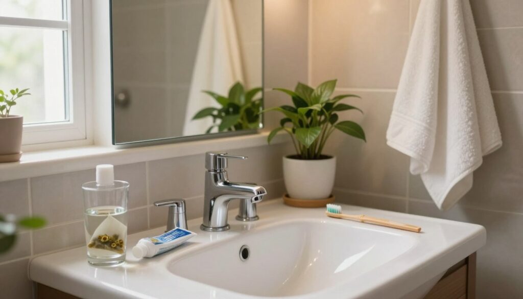 A serene home interior scene, depicting a calm bathroom space with natural lighting filtering in through a window. In the foreground, a clean white sink with a small dental care kit containing a soft toothbrush, toothpaste, and mouthwash. On the countertop, a glass of water and a soothing chamomile tea bag hint at home remedies. In the middle, a mirror reflects a comforting atmosphere, while a potted plant adds a touch of nature. The background features elegant, neutral-colored tiles and cozy towels neatly hung. The overall mood is reassuring, emphasizing self-care before a dental visit, with warm tones creating a sense of tranquility and preparedness. The image should be shot from a slightly elevated angle, capturing both the sink and the mirror's reflection.
