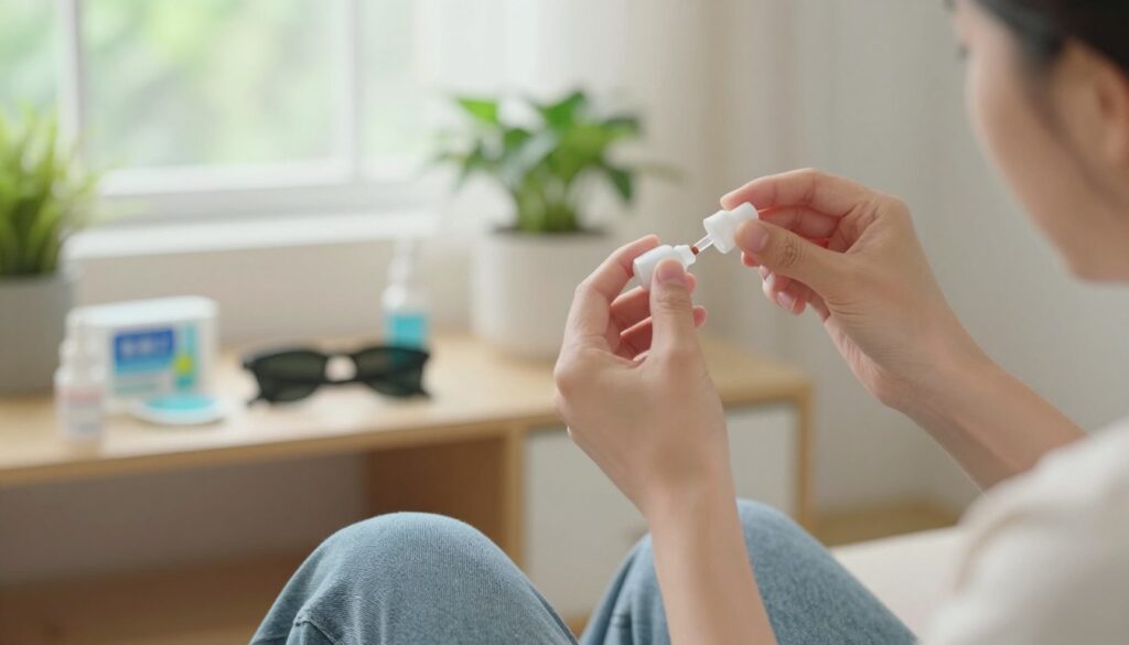 A serene home setting illustrating eye hygiene practices. In the foreground, a pair of hands gently applying eye drops into a person's eyes, showcasing careful self-care. The person wears casual but modest clothing, emphasizing comfort and professionalism. The middle ground features a soft-focus shelf containing eye care products like wipes, gel, and sunglasses for UV protection. In the background, a bright, airy room with green plants and natural light streaming through a window, creating a calming atmosphere. The scene captures a mood of tranquility and health awareness. Use a warm color palette, with soft, diffused lighting to enhance the inviting feeling of the home environment.