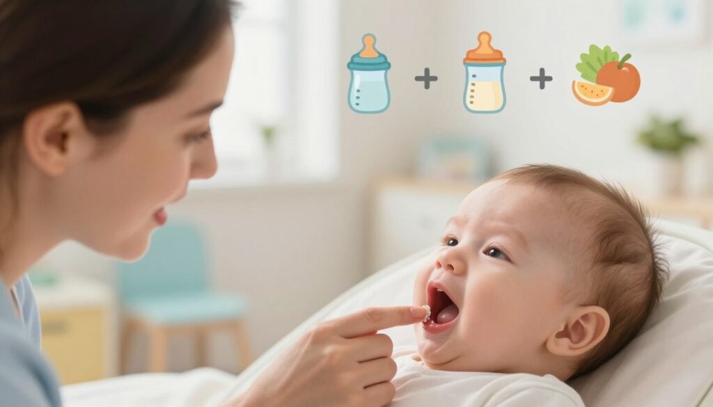 A serene, informative illustration depicting the common causes of oral thrush in infants. In the foreground, a soft-focus image of a concerned but gentle parent observing their baby with a tiny, open mouth, showcasing pale patches on the gums, resembling thrush. The middle ground features a calm, well-lit pediatric clinic environment with bright, inviting colors, suggesting a place of care. In the background, subtle icons or representations of associated factors, such as a pacifier, bottle, and healthy food options, hint at causes like poor oral hygiene and antibiotic use without being intrusive. The lighting is natural, warm, and welcoming, creating an atmosphere of comfort and reassurance. A soft focus on the parent-child interaction highlights affection, with an emphasis on understanding and support for the baby's health.