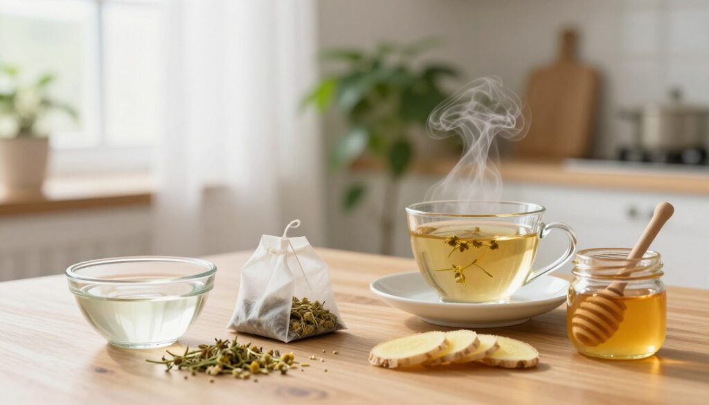A serene kitchen setting illuminated by soft, natural light. In the foreground, a wooden table displays an array of home remedies for sore gums: a small bowl of warm salt water, a cluster of soothing chamomile tea bags, fresh ginger slices, and a jar of honey, artistically arranged. Beside these, a delicate teacup filled with brewed herbal tea steams gently. In the middle ground, a calming green plant adds a touch of nature, while the background features a softly blurred window with light filtering through sheer curtains, creating a peaceful atmosphere. The mood is warm and inviting, evoking a sense of comfort and relief as people consider these remedies before a dental visit.
