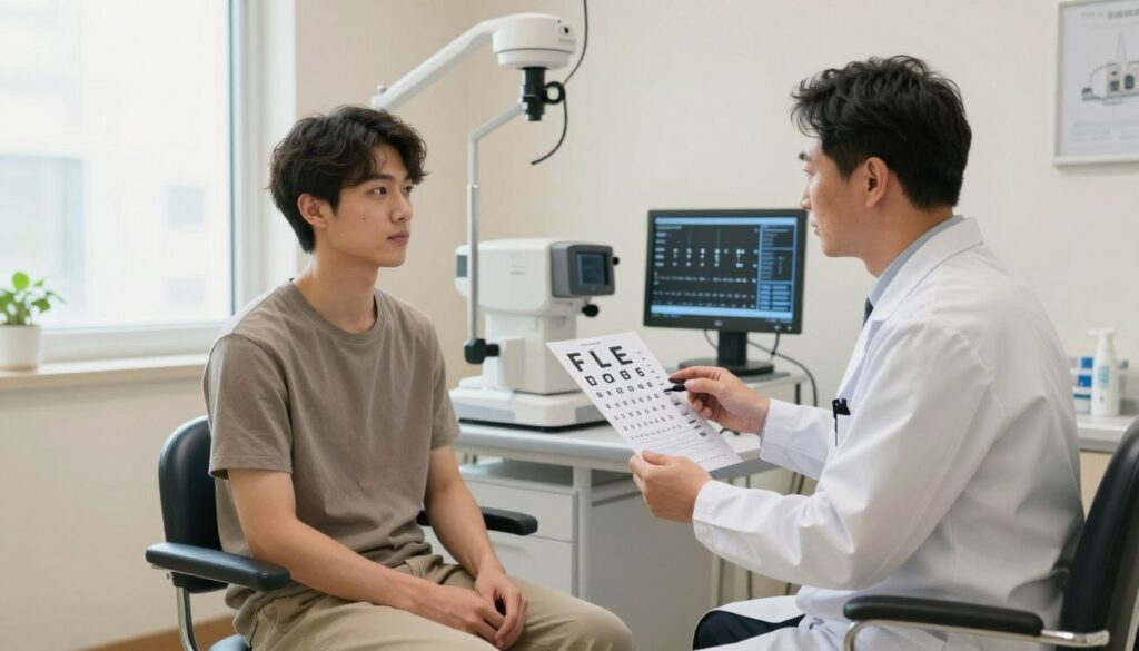 A serene medical consultation room with a comforting atmosphere, featuring soft, diffused natural light streaming through large windows. In the foreground, a young adult wearing modest casual clothing sits on an examination chair, looking thoughtfully at a doctor in a white coat holding an eye chart and discussing post-operative care after laser eye surgery. The background showcases a well-organized medical workspace with advanced eye care equipment, such as a laser machine and digital displays showing recovery timelines and charts. The overall mood is professional yet reassuring, emphasizing the importance of understanding recovery duration and factors influencing medical leave after laser eye correction. A serene medical consultation room with a comforting atmosphere, featuring soft, diffused natural light streaming through large windows. In the foreground, a young adult wearing modest casual clothing sits on an examination chair, looking thoughtfully at a doctor in a white coat holding an eye chart and discussing post-operative care after laser eye surgery. The background showcases a well-organized medical workspace with advanced eye care equipment, such as a laser machine and digital displays showing recovery timelines and charts. The overall mood is professional yet reassuring, emphasizing the importance of understanding recovery duration and factors influencing medical leave after laser eye correction.