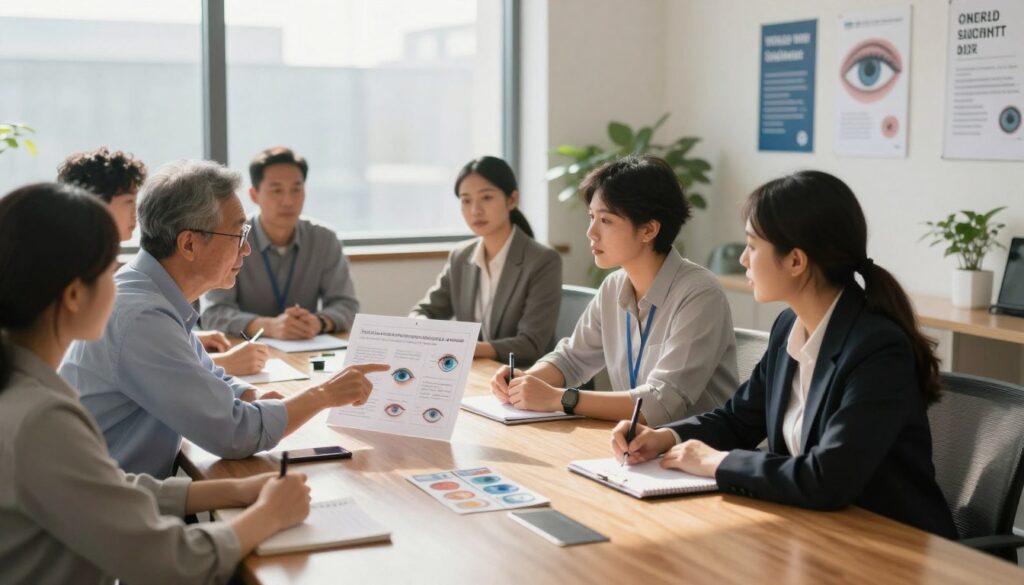 A serene office environment showcasing a diverse group of professionals gathered around a large table, engaged in a discussion about eye health. In the foreground, a middle-aged man wearing glasses is pointing at a chart about eye care, while a young woman in smart business attire takes notes. The middle area features a large window with soft, natural light illuminating the scene, casting gentle shadows on the polished wooden table. In the background, a wall decorated with eye health posters and inspirational messages enhances the educational atmosphere. The overall mood is collaborative and informative, emphasizing the importance of eye care, with a focus on World Sight Day, represented by subtle visual cues like an eye symbol or health pamphlets. The image is shot from a slightly elevated angle to capture the interactions and the ambient light.