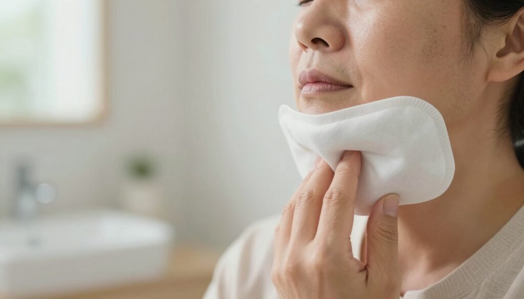 A soothing image featuring a dental cold compress wrapped around a person's jaw, depicting relief from gum pain. In the foreground, a close-up of a smooth, white gel pack gently placed against the side of a middle-aged individual's face, showcasing comfort and care. The person is dressed in casual, modest clothing, with a calm expression conveying relief. In the middle background, a soft-focus bathroom setting adds a tranquil atmosphere, with subtle pastel colors and soft light filtering through a window, enhancing the sense of serenity. The lighting is soft and warm, creating an inviting and peaceful mood, perfect for illustrating the concept of cold compresses for pain relief. No text, watermarks, or distractions present.