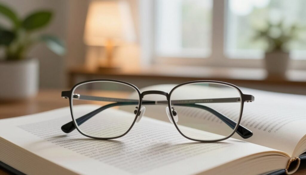 A stylish pair of eyeglasses resting on an open book with text blurred in the background, symbolizing clarity in vision. The eyeglasses are modern with a thin, elegant frame, positioned in the foreground, showcasing detailed reflections of soft ambient light. The middle section includes a cozy, well-lit room with a vintage lamp casting a warm glow, and hints of lush green plants, creating a calming atmosphere. The background features a softly blurred window with natural light streaming in, enhancing the sense of serenity. The overall mood is informative and inviting, perfect for illustrating the themes of vision improvement and clarity provided by eyewear.