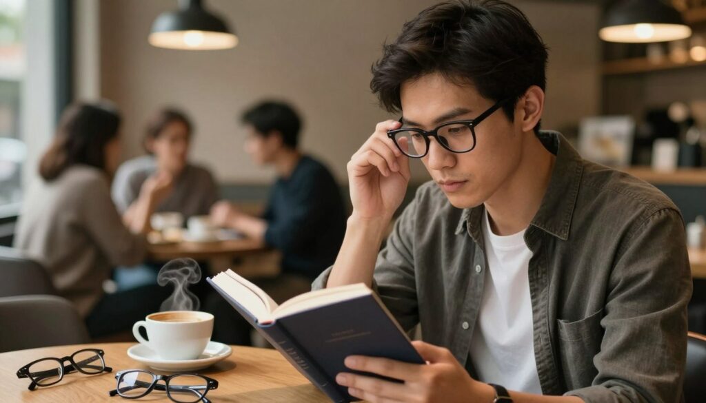 A thoughtful scene depicting a person with mild vision impairment, wearing stylish, professional glasses, engaged in reading a book in a cozy café setting. The foreground features the individual, a young adult male, focused on the text, with glasses perched on his nose. The middle ground includes a wooden table with a steaming cup of coffee and scattered eyeglasses cases, symbolizing choices about eyewear. In the background, soft ambient lighting illuminates the warm tones of the café, with blurred patrons chatting and enjoying their time, creating a relaxed atmosphere. The angle is slightly low to give a sense of intimacy, highlighting the subject's contemplative expression. The mood is calm and inviting, encouraging reflection on the importance of eyewear choices.
