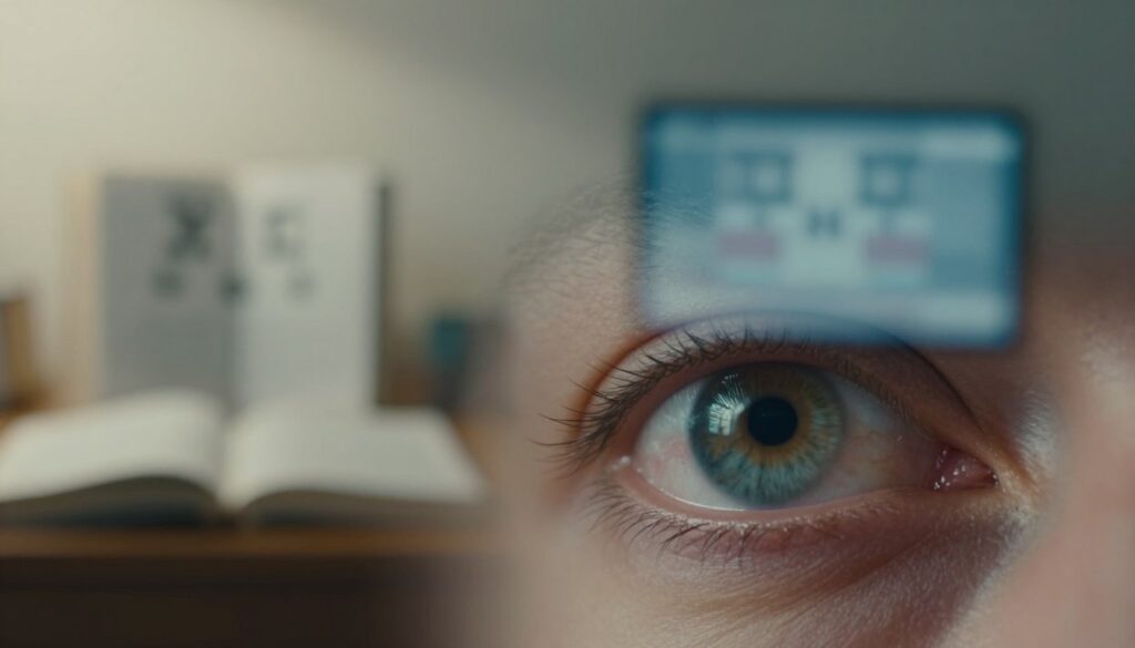 A visually compelling portrayal of deteriorating vision, emphasizing the theme of "vision impairment." In the foreground, a close-up of a human eye, reflecting distortion, with blurred shapes and colors. The eye displays subtle signs of strain, such as light sensitivity and fatigue. In the middle ground, an array of common objects symbolizes everyday vision challenges, like a blurry book and a pixelated computer screen. The background should fade into a soft gradient, transitioning from light to dark, symbolizing the progression of vision loss. Utilize soft, diffused lighting to evoke a contemplative atmosphere, with a shallow depth of field to accentuate the subject. The overall tone should be serious yet informative, focusing on the gradual decline of clarity in vision without any distraction or human figures.