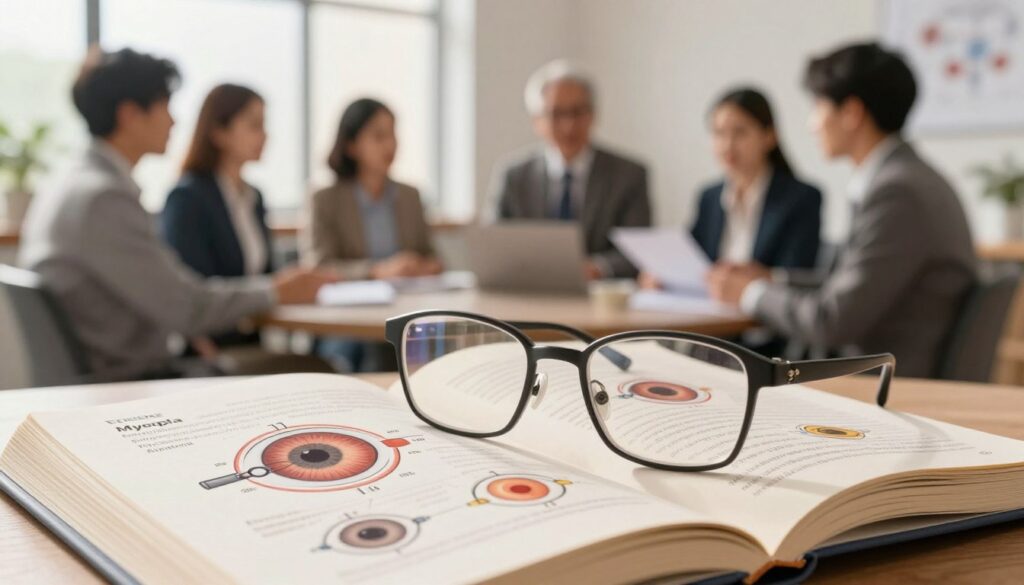 A visually engaging and educational illustration depicting common vision impairments. In the foreground, focus on a pair of eyeglasses resting on an open medical textbook, emphasizing magnified diagrams of the eye with labels for conditions like myopia, hyperopia, and astigmatism. The middle ground features a softly lit office setting, where a diverse group of professionals in business attire discuss eye health. In the background, a large window allows gentle natural light to filter in, casting a warm glow over the scene. The mood is informative and inviting, creating an atmosphere conducive to learning about vision issues and their effects. Use a shallow depth of field to emphasize the eyeglasses and textbook, while softly blurring the background interactions.