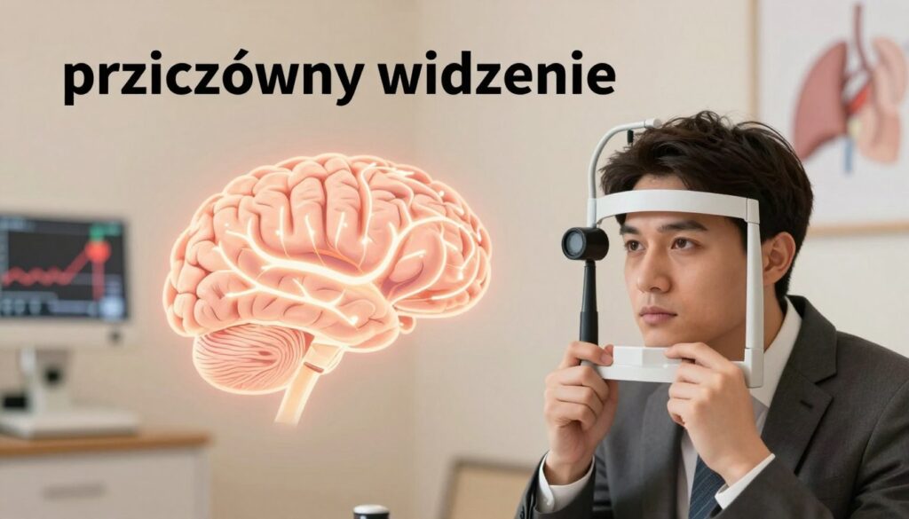 A visually engaging and informative illustration depicting the concept of "przyczyny widzenia" related to systemic and neurological causes of focusing issues. In the foreground, show an individual in professional business attire, looking into an eye examination machine, with a thoughtful expression on their face. In the middle ground, an abstract representation of the brain with neural pathways glowing softly, symbolizing neurological processes. In the background, subtle imagery of systemic health indicators such as a heart monitor and blurred organs, illustrating the connection between vision issues and overall health. Use soft, warm lighting to create a calm atmosphere, with a shallow depth of field focused on the individual while gently blurring the background elements, enhancing the sense of introspection and inquiry into vision problems.