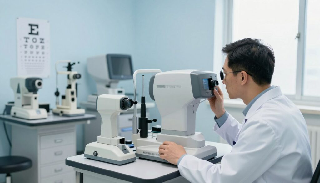 A visually engaging composition featuring various eye examination methods in a clinical setting. In the foreground, a focused optometrist in professional attire examines a high-tech vision testing device, analyzing a patient's results. In the middle, a well-lit examination room showcases a variety of traditional tools like an eye chart, a phoropter, and additional modern diagnostic equipment, highlighting the contrast between old and new methods. In the background, a window lets in soft natural light, enhancing the sterile yet welcoming atmosphere. The color palette is calming with cool blues and whites, creating a mood of professionalism and focus. The angle is slightly elevated, capturing a comprehensive view of the testing environment, emphasizing the importance of accurate visual acuity assessments.