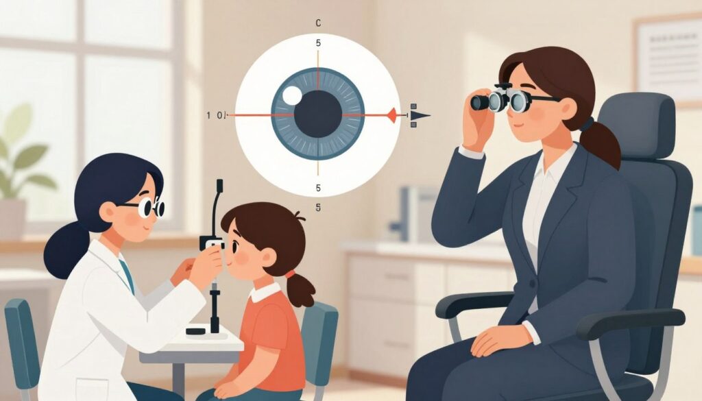 A visually engaging illustration depicting the changes in astigmatism over time in both children and adults. In the foreground, a pediatric optometrist is examining a young child with an eye chart, showcasing focused determination. Beside them, an adult patient in professional attire, seated in an examination chair, looks through a phoropter, indicating the adjustments in vision. The middle layer features a large eye graphic with diagrams showing the curvature of the cornea in astigmatism, demonstrating how it affects vision at different ages. The background is softly blurred with a warm, inviting atmosphere in an optometry clinic, illuminated by gentle, natural light filtering through large windows. The mood conveys hope and professionalism, emphasizing the importance of regular eye checks.