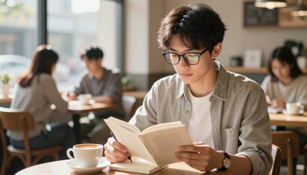 A visually engaging scene featuring a young adult in a cozy coffee shop setting, wearing stylish yet modest glasses, illustrating the concept of mild visual impairment. In the foreground, the individual is seated at a table, focused on reading a book and jotting down notes, with a warm cup of coffee beside them. In the middle ground, soft sunlight streams through large windows, casting gentle shadows and creating an inviting atmosphere. The background shows blurred images of other patrons engaged in casual conversations, emphasizing a lively yet relaxed environment. The overall mood is one of focus and contentment, highlighting the importance of glasses in everyday activities, captured in a bright and cheerful color palette.
