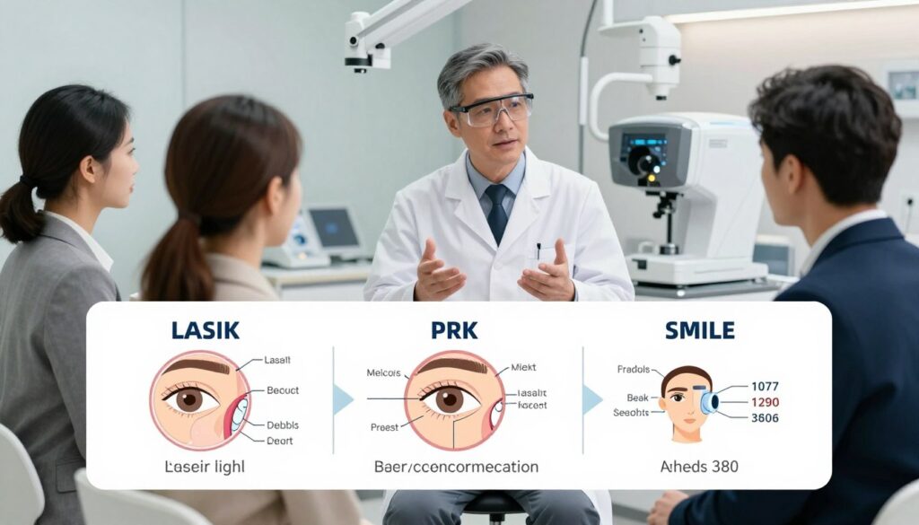 A visually informative illustration showcasing a comparison of laser eye correction methods, focusing on three key techniques: LASIK, PRK, and SMILE. In the foreground, include a detailed infographic-style layout with labeled diagrams of each procedure, displaying their unique features and associated costs. The middle section should feature a professional-looking eye surgeon in a sterile clinical environment, wearing a white coat and safety glasses, expertly explaining the methods to attentive patients in smart business attire. The background should portray a modern eye clinic with advanced laser equipment, soft lighting creating a calm and informative atmosphere. The image should have a clean and organized composition, without any text or overlays.