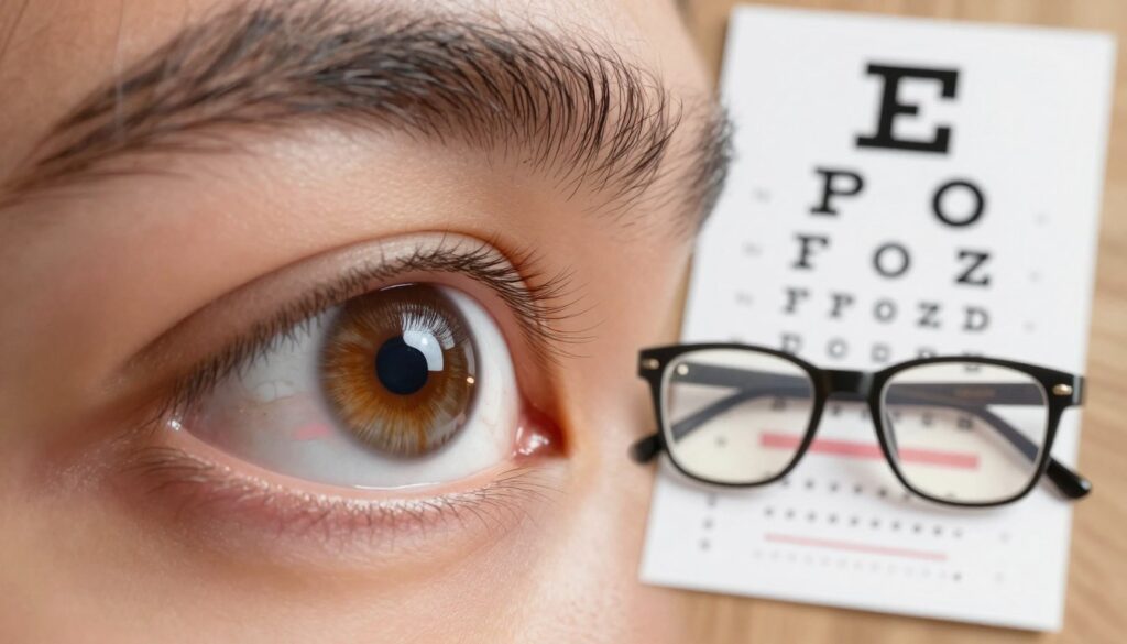 A visually striking illustration of common vision problems, featuring a close-up view of a human eye displaying signs of various refractive errors. In the foreground, highlight the eye with distinct detail showcasing imperfections such as astigmatism, myopia, and hyperopia, using a macro lens for precision. In the middle ground, a pair of stylish eyeglasses rests elegantly on an eye chart, symbolizing correction methods, while also displaying a subtle reflection of the eye. The background is softly blurred with warm, natural lighting that creates a calm atmosphere, evoking a sense of awareness about eye health. The overall mood should feel informative yet approachable, ideal for educational purposes.