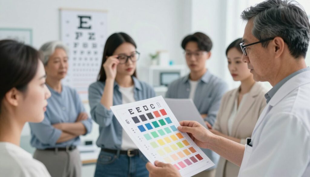 A visually striking representation of color vision testing results, focusing on a diverse group of individuals of varying ages and ethnicities standing in a well-lit clinical environment. In the foreground, a middle-aged man wearing glasses looks intently at color differentiation charts, with various color swatches displayed prominently. In the middle ground, a young woman casually adjusts her glasses, examining a test pattern that highlights different color vision deficiencies, such as protanopia and deuteranopia. In the background, an eye chart and bright, soft lighting enhance the clinical atmosphere. The image evokes a sense of professionalism and curiosity, with a harmonious color palette that subtly differentiates hues to embody the theme of color vision.