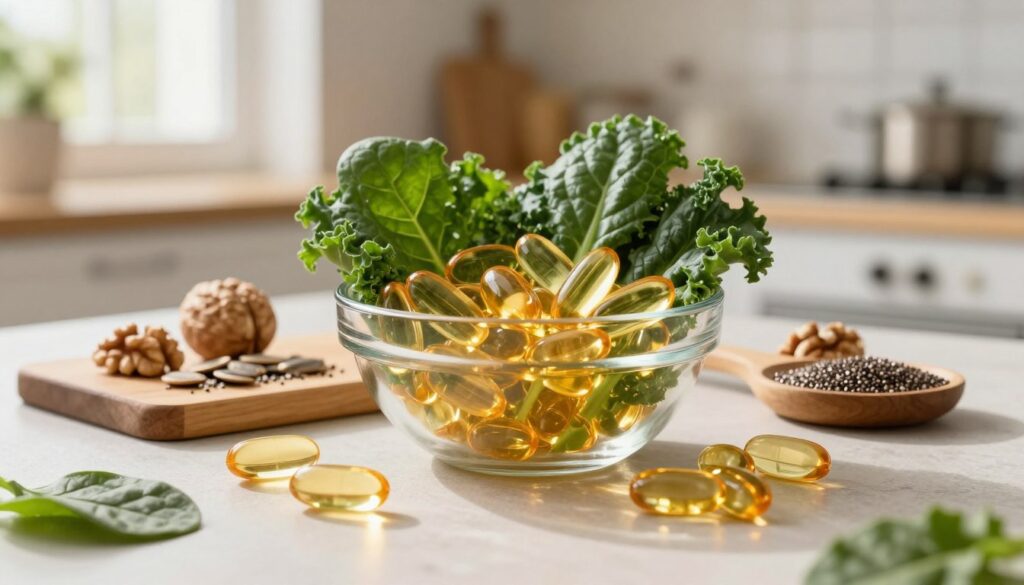 A visually striking still life composition featuring omega-3 fatty acid sources, with a focus on DHA and EPA elements. In the foreground, a clear glass bowl filled with colorful vegetables like spinach and kale, symbolizing natural sources of zinc and copper. Surrounding them, capsules of fish oil reflect sunlight, showcasing their golden hue. In the middle ground, a small wooden cutting board displays nuts and seeds, like walnuts and chia seeds, alluding to their health benefits. The background contains soft-focus elements of a tranquil kitchen, with warm, natural lighting pouring in through a window, creating a calm and inviting atmosphere. The angle captures the essence of health and nutrition, emphasizing the importance of minerals and omega-3 fatty acids for eye health.