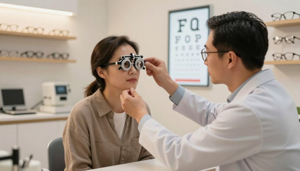 A warm and inviting optometry office setting, featuring a professional optometrist in smart casual attire, attentively measuring a patient's vision using an eye chart and a phoropter. In the foreground, capture the optometrist focusing on the lens adjustments, displaying a look of concentration. The middle section features the patient, a middle-aged individual, sitting comfortably while wearing a pair of trial frames, appearing curious and engaged. The background shows optical equipment, bright yet soft lighting illuminating the room, with shelves of glasses and contact lenses in view. The atmosphere should feel reassuring and professional, emphasizing the care involved in eye examinations. The image should evoke trust and expertise in the field of optometry, with no text or overlays present.