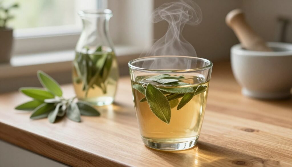 A warm, inviting kitchen setting with a wooden countertop featuring a glass cup filled with a freshly made herbal mouthwash. The focus is on the cup, showing a deeply colored infusion of sage with visible leaves floating on top. In the background, a small jug with sage leaves and a sprig of fresh sage is displayed, emphasizing the natural ingredients. Soft, natural light filters in through a nearby window, creating gentle shadows and a serene atmosphere. The foreground captures delicate steam rising from the cup, suggesting warmth and comfort. A hint of a traditional mortar and pestle can be seen beside the cup, symbolizing the preparation method. The overall mood is calm and soothing, suitable for readers seeking relief from gum pain and inflammation. A warm, inviting kitchen setting with a wooden countertop featuring a glass cup filled with a freshly made herbal mouthwash. The focus is on the cup, showing a deeply colored infusion of sage with visible leaves floating on top. In the background, a small jug with sage leaves and a sprig of fresh sage is displayed, emphasizing the natural ingredients. Soft, natural light filters in through a nearby window, creating gentle shadows and a serene atmosphere. The foreground captures delicate steam rising from the cup, suggesting warmth and comfort. A hint of a traditional mortar and pestle can be seen beside the cup, symbolizing the preparation method. The overall mood is calm and soothing, suitable for readers seeking relief from gum pain and inflammation.
