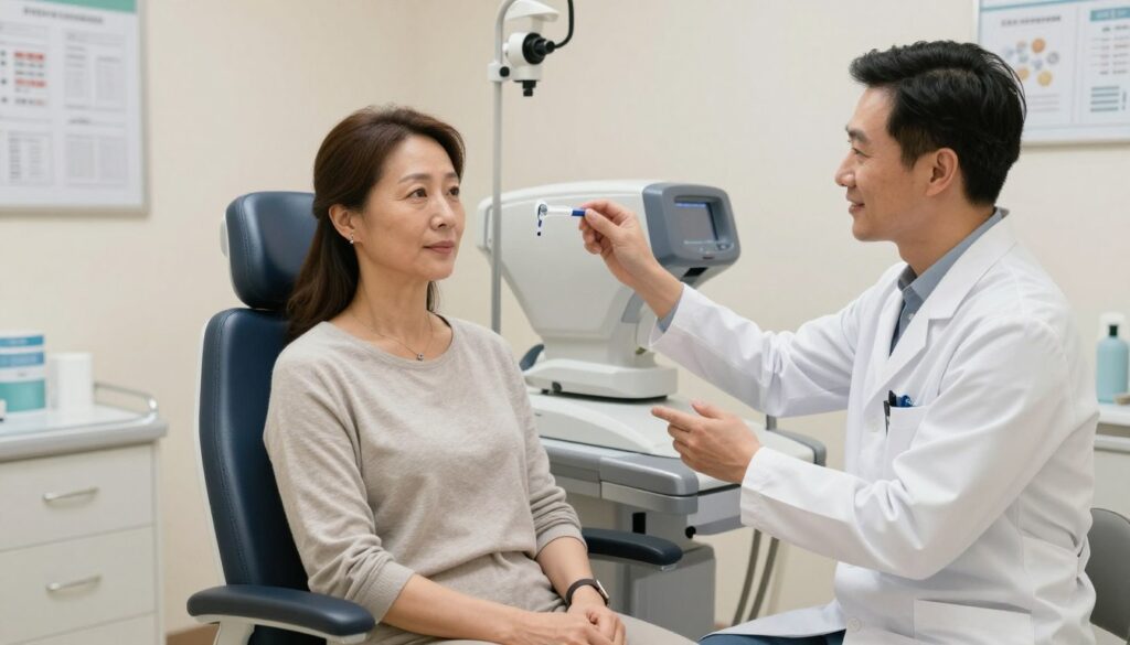 A well-lit, clinical examination room featuring a patient preparing for eye laser correction surgery. In the foreground, a middle-aged woman in a modest, casual outfit sits on a medical examination chair, looking reassured and focused. She is accompanied by a friendly healthcare professional in a crisp lab coat, explaining the procedure and steps of preparation, which include eye drops and pre-op instructions. In the middle ground, medical equipment such as a laser eye machine is visible. The background features soft-focus medical charts and a soothing color palette to create a calm atmosphere. The lighting is soft yet bright, emphasizing the professionalism and caring nature of the environment, with a photographic lens effect that brings attention to the patient and caregiver interaction. A well-lit, clinical examination room featuring a patient preparing for eye laser correction surgery. In the foreground, a middle-aged woman in a modest, casual outfit sits on a medical examination chair, looking reassured and focused. She is accompanied by a friendly healthcare professional in a crisp lab coat, explaining the procedure and steps of preparation, which include eye drops and pre-op instructions. In the middle ground, medical equipment such as a laser eye machine is visible. The background features soft-focus medical charts and a soothing color palette to create a calm atmosphere. The lighting is soft yet bright, emphasizing the professionalism and caring nature of the environment, with a photographic lens effect that brings attention to the patient and caregiver interaction.