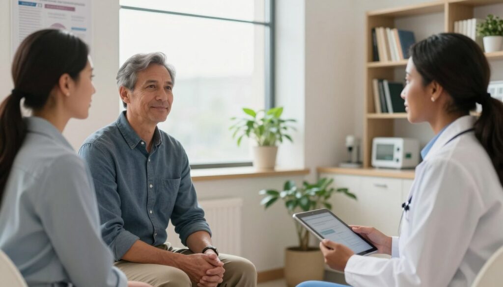 A well-lit medical consultation room with a warm, inviting ambiance. In the foreground, a patient, a middle-aged Caucasian man in a smart business-casual outfit, sits attentively across from a healthcare professional, a Black woman dressed in a white lab coat, holding a tablet. The middle ground features a large window letting in soft natural light, with green plants for a calming effect. On the wall, there are posters about eye care. The background includes shelves filled with medical books and equipment, conveying a sense of professionalism and care. The image should have a soft focus to create a gentle, supportive atmosphere, emphasizing the importance of eye health consultations and patient engagement in a friendly manner. A well-lit medical consultation room with a warm, inviting ambiance. In the foreground, a patient, a middle-aged Caucasian man in a smart business-casual outfit, sits attentively across from a healthcare professional, a Black woman dressed in a white lab coat, holding a tablet. The middle ground features a large window letting in soft natural light, with green plants for a calming effect. On the wall, there are posters about eye care. The background includes shelves filled with medical books and equipment, conveying a sense of professionalism and care. The image should have a soft focus to create a gentle, supportive atmosphere, emphasizing the importance of eye health consultations and patient engagement in a friendly manner.