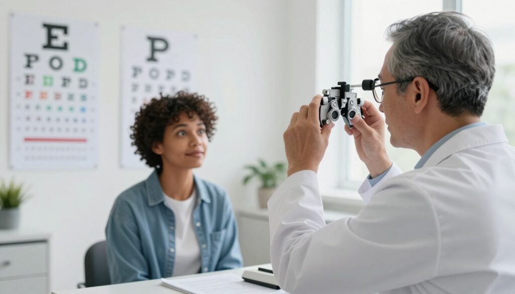 A well-lit optometry office scene illustrating preparation for a color vision test. In the foreground, a middle-aged optometrist in professional attire is adjusting an eye testing device, focusing intently. The middle ground features a patient of diverse ethnicity, seated comfortably, looking towards the testing chart with a curious expression. Vivid colors representing different hues can be seen in the testing materials and charts on the walls. In the background, soft, natural lighting streams through a window, creating a calm and inviting atmosphere. The overall mood conveys clarity, professionalism, and a focus on eye health. The angle captures the interaction between the optometrist and patient, emphasizing the playful engagement of the color vision test.