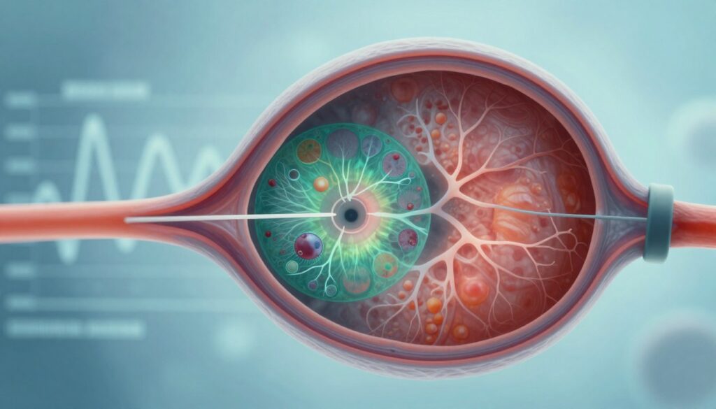 An abstract representation of diabetic retinopathy, focusing on the intricate details of the retinal tissues and blood vessels. In the foreground, a close-up view of a human eye, showcasing the retina with a graphic overlay of microscopic images illustrating damage caused by diabetes. In the middle ground, a blurred diagram of blood sugar levels fluctuating, symbolizing the impact of glucose control. The background features soft, diffused lighting, giving a clinical yet hopeful atmosphere, with shades of blue and green to evoke a sense of calm and health. The overall composition should convey the urgency and importance of awareness around diabetic retinopathy, enhancing understanding through visual storytelling.