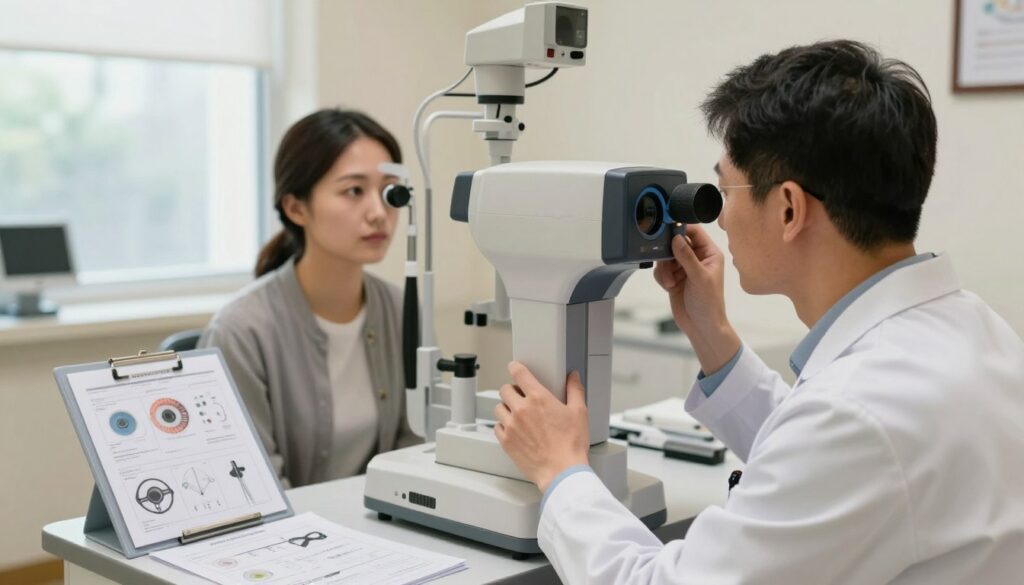 An ophthalmologist examining the retina of a patient in an eye clinic setting. The foreground features a professional doctor wearing a white lab coat, using an advanced digital retinal imaging device to capture detailed images of the patient's eye. The patient, seated and calm, is focused on a distant target. In the middle ground, medical charts and eye examination tools are arranged neatly on a desk. The background shows a softly lit clinic environment with large windows allowing natural light to illuminate the room, creating a warm and inviting atmosphere. The overall mood is one of care and professionalism, emphasizing the importance of regular eye examinations for diabetes management. The image should have a slight depth of field to highlight the examination process while softly blurring the background details.