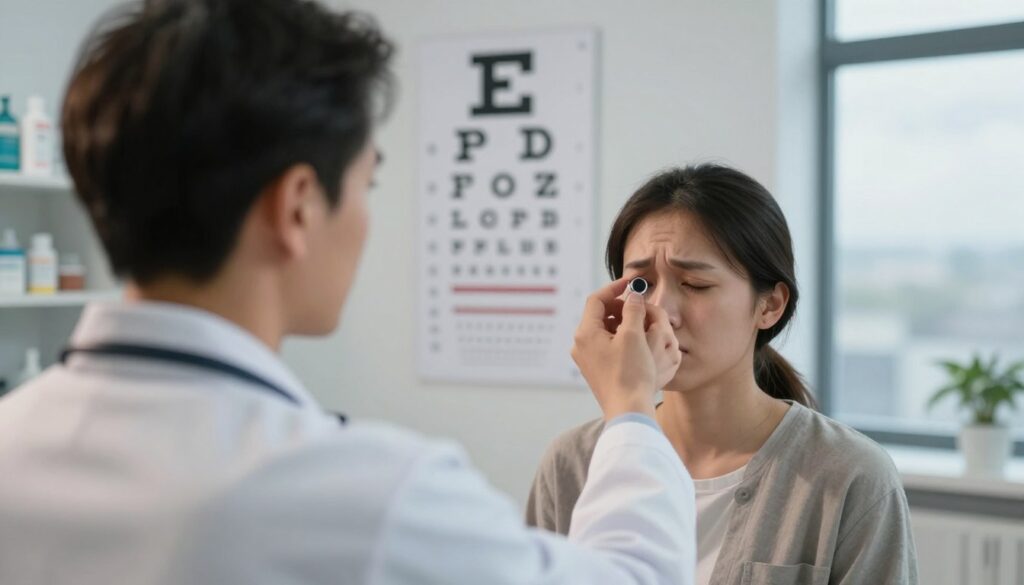 In a well-lit medical examination room, focus on an eye chart prominently displayed on the wall, with a blurred figure of a healthcare professional in the foreground wearing a white coat, examining a patient's eyes. The patient, dressed in a modest, casual outfit, displays signs of discomfort and irritation around their eyes, reflecting the effects of pepper spray exposure. Soft, diffused lighting casts gentle shadows, highlighting the serious yet calm atmosphere. In the background, a shelf lined with medical supplies and a window showing a cloudy sky adds depth to the scene. The overall mood conveys urgency and the importance of immediate eye care, emphasizing the potential ophthalmic complications from exposure to pepper spray.